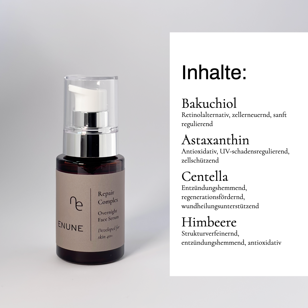 Dunkle Glasflasche Repair Complex Serum mit Bakuchiol und Astaxanthin für Haut ab 40