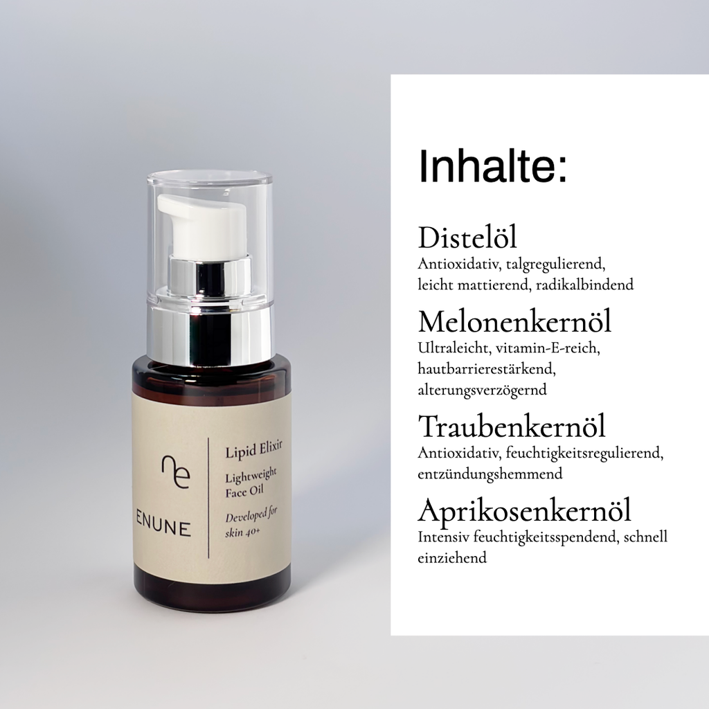 ENUNE Lipid Elixier nährendes Gesichtsöl mit Pflanzenölen in Glasflasche, leichte Textur für Haut ab 40