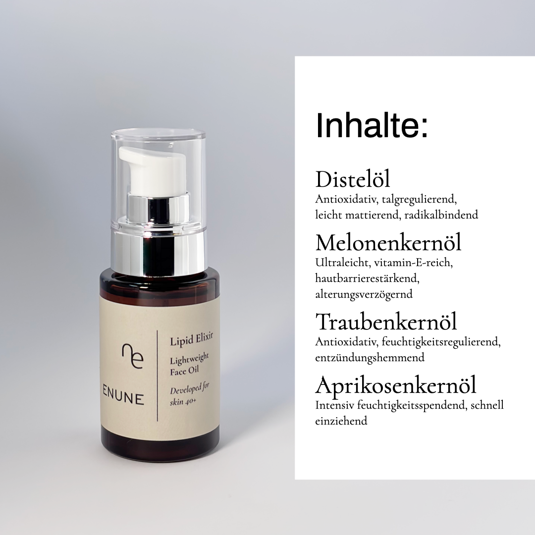 ENUNE Lipid Elixier nährendes Gesichtsöl mit Pflanzenölen in Glasflasche, leichte Textur für Haut ab 40