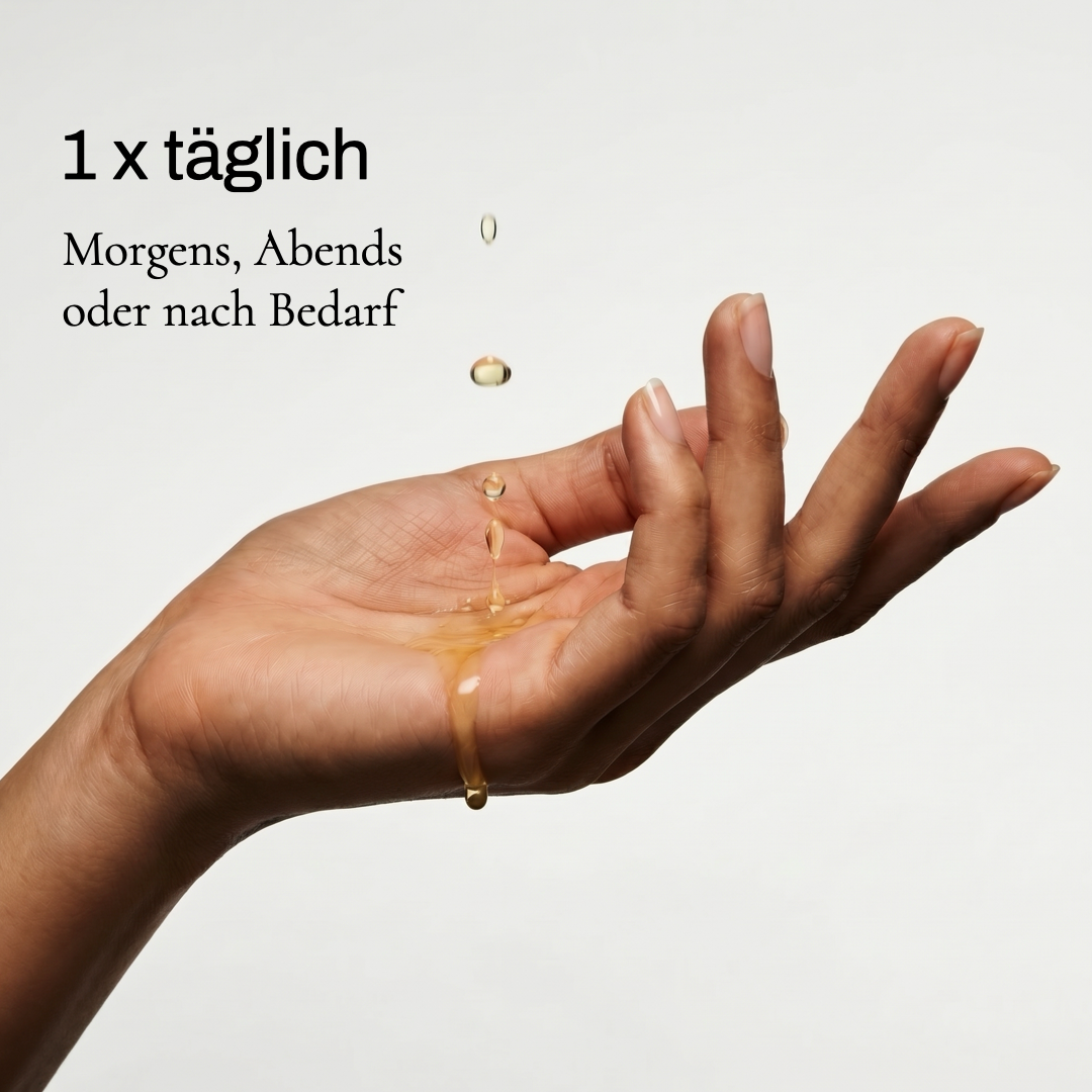 Goldenes ENUNE Lipid Elixier Gesichtsöl tropft auf Handfläche, pflegt die Hautbarriere