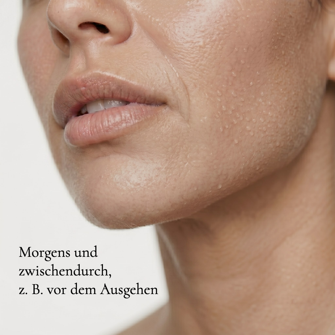 Frau trägt ENUNE Skin Lift Essence auf Wange und Hals auf, Morgenroutine für straffere Haut ab 40