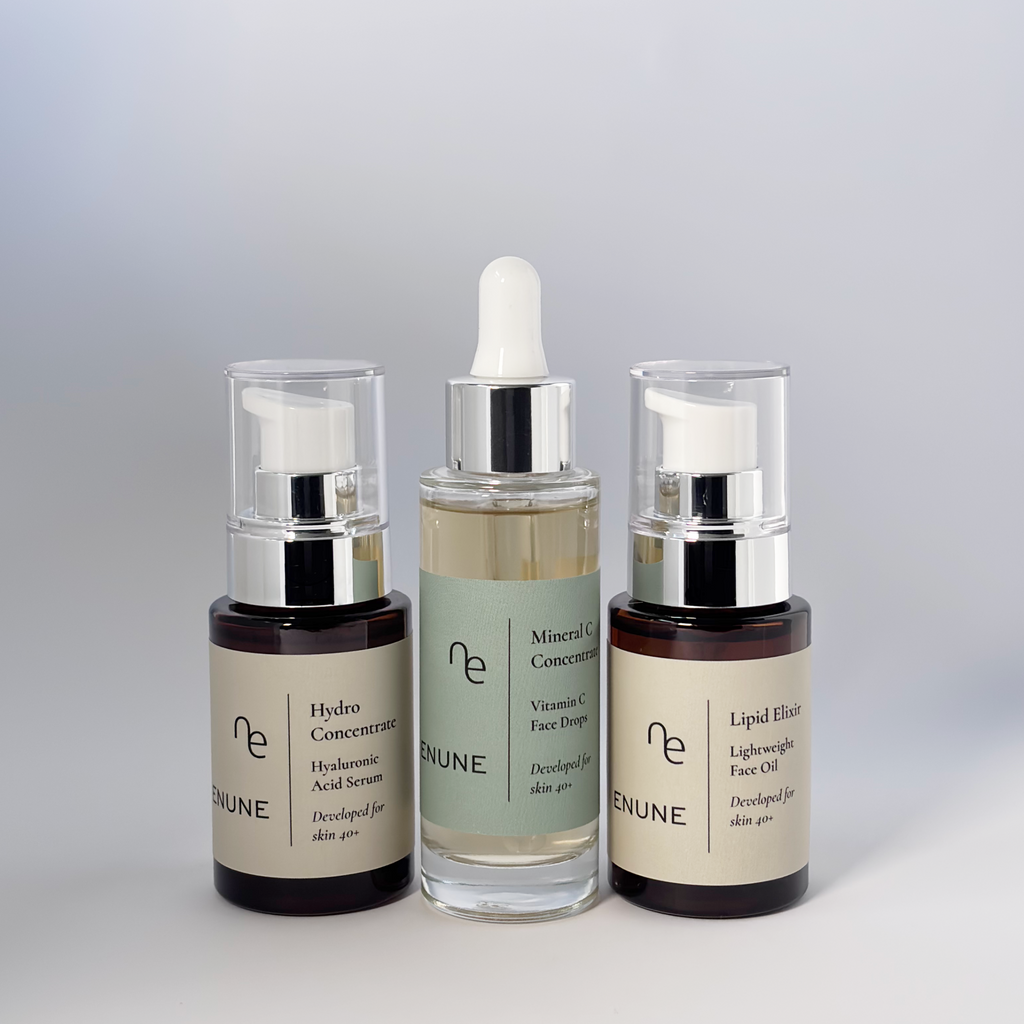 ENUNE THE BALANCE skincare set for mature skin with hyaluronic acid serum, vitamin C drops, and face oil