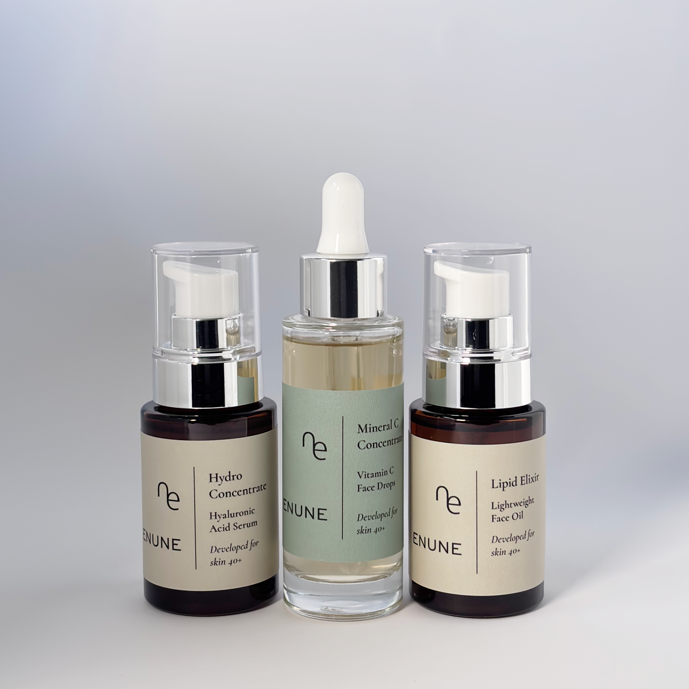 ENUNE THE BALANCE skincare set for mature skin with hyaluronic acid serum, vitamin C drops, and face oil