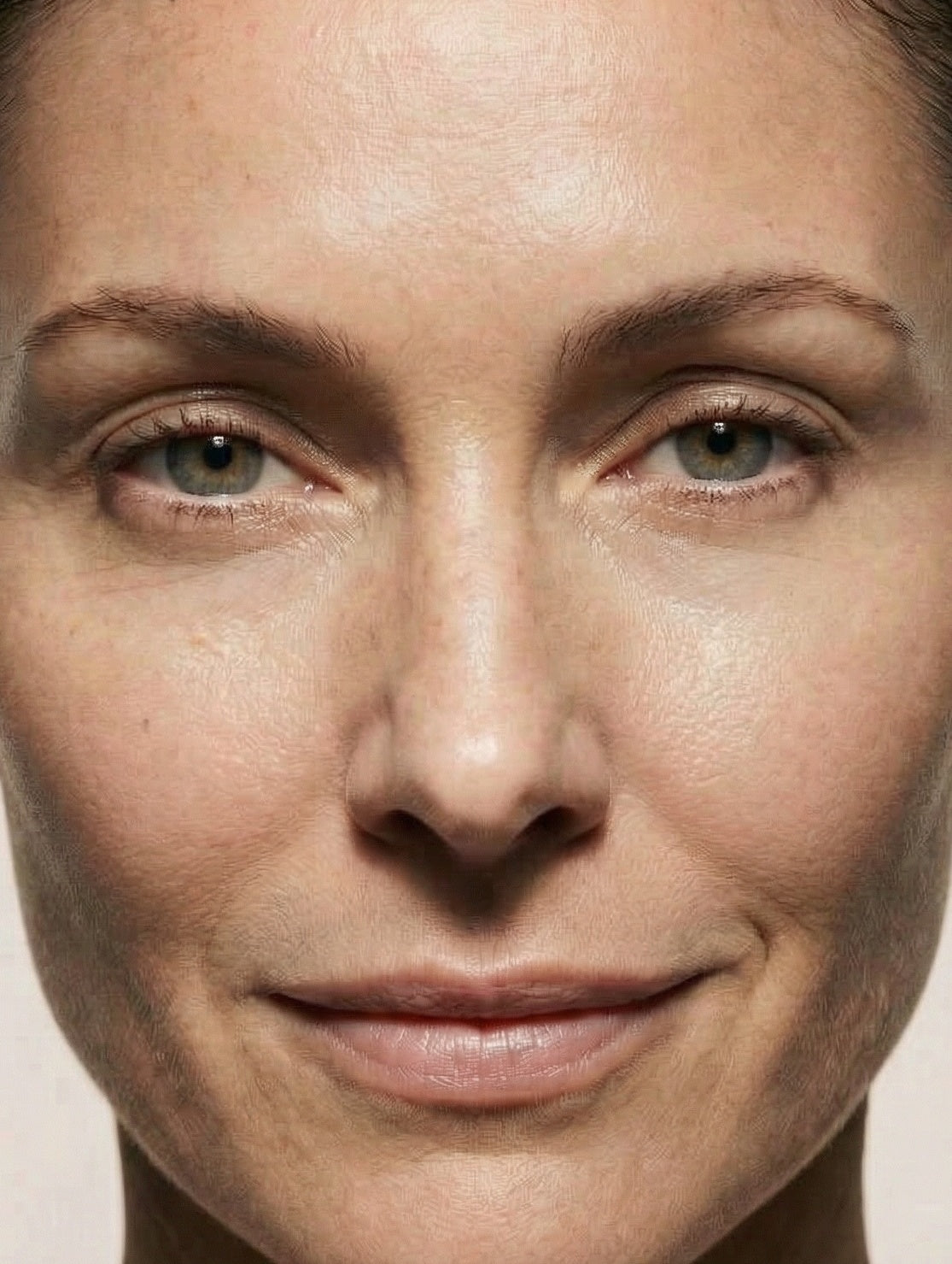 Nahaufnahme eines Gesichts mit natürlicher reifer Haut, Augen und Hautstruktur im Fokus – ENUNE Über-Seite