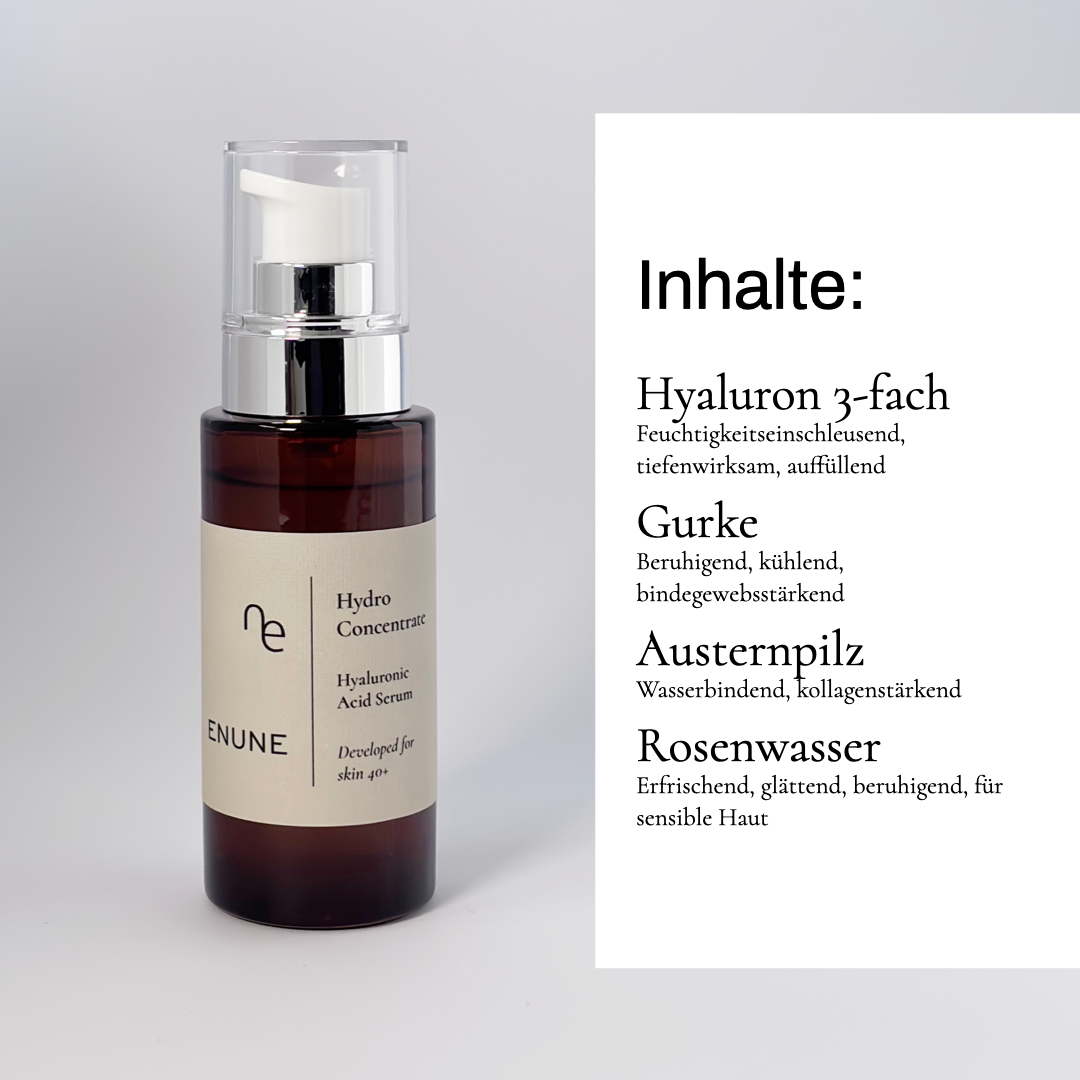 ENUNE Hydro Concentrate 50ml Serum Inhaltsstoffe – Hyaluron, Gurke und Rosenwasser für reife Haut